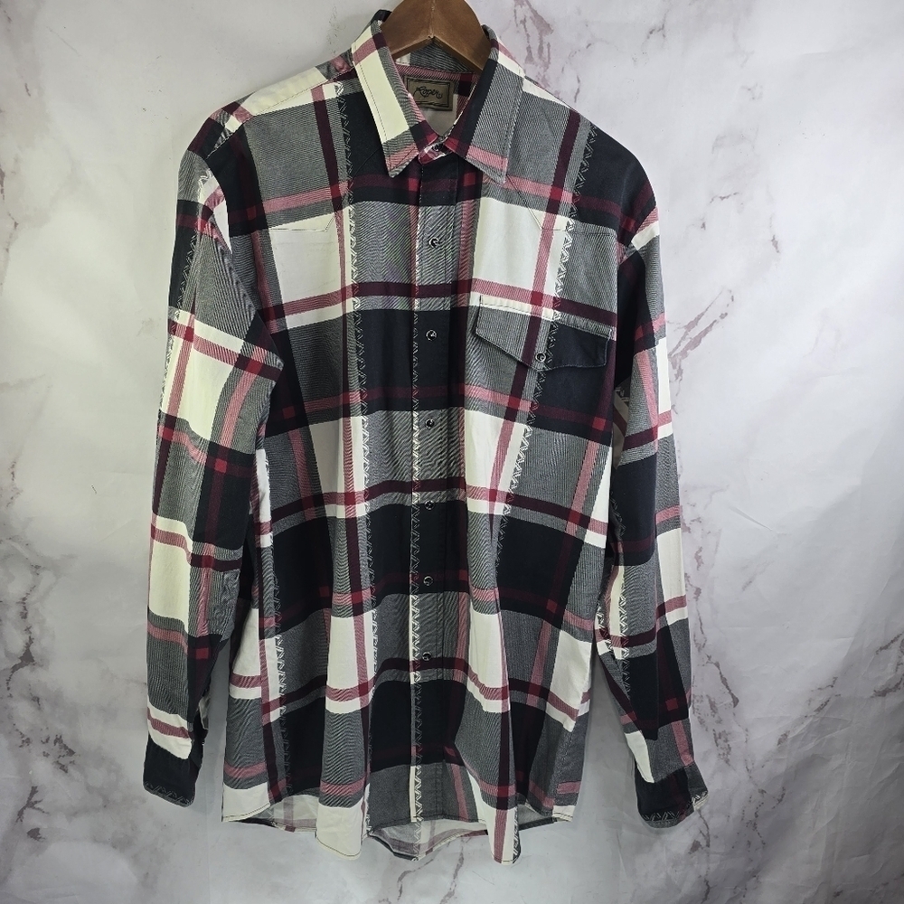 Roper Shirt Mens Large Black Red Snap Button Plaid Western White Long Sleeve